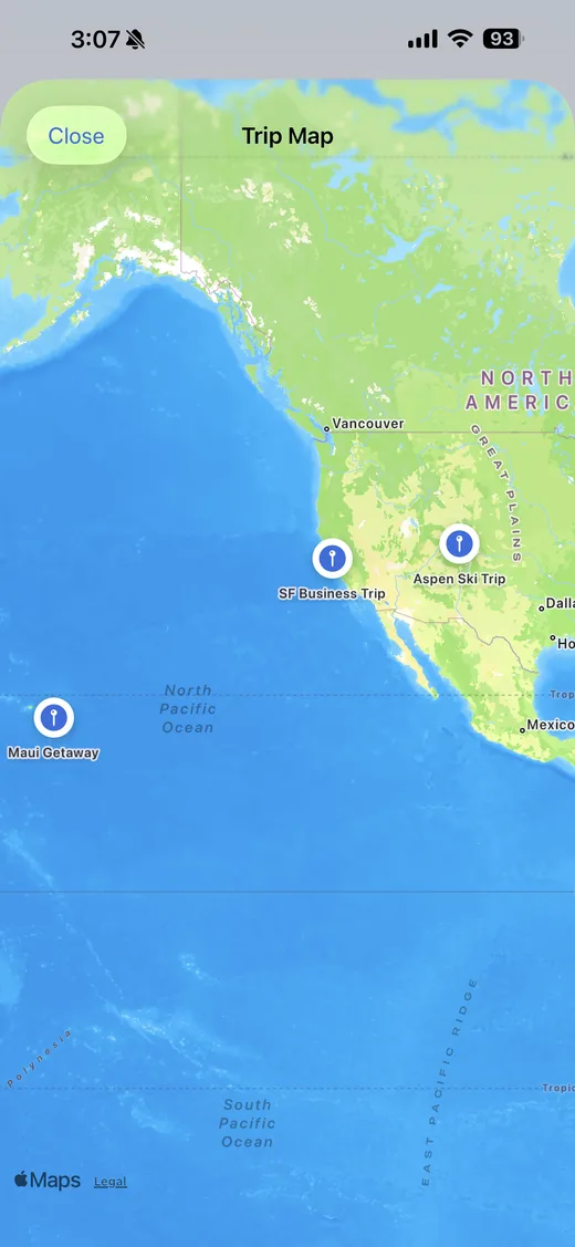 MasterPacker Trip Map screen