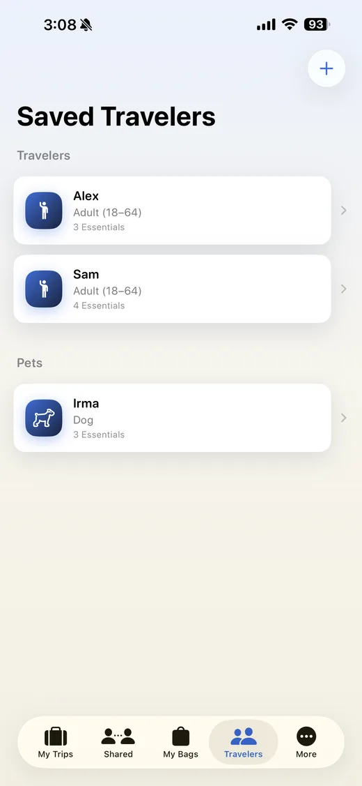 MasterPacker Saved Travelers screen